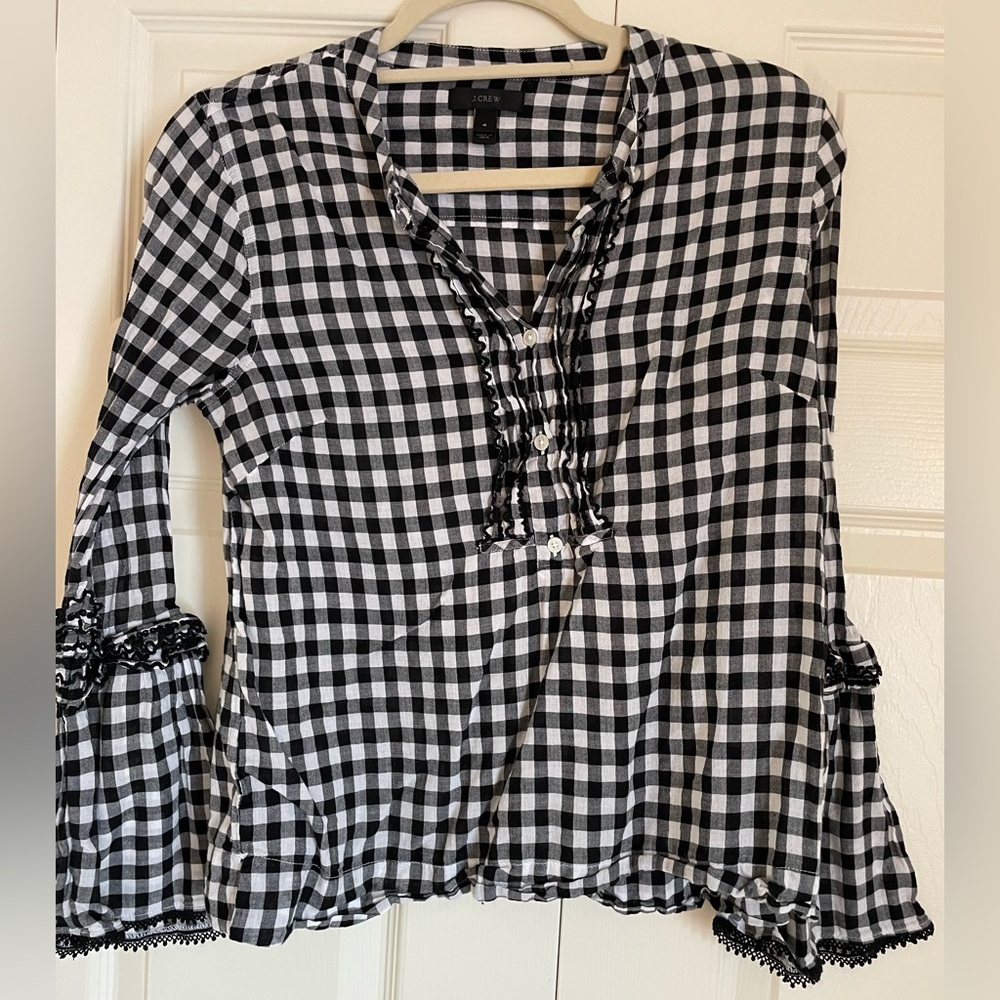 JCrew Gingham Ruffle Bell Sleeve Blouse